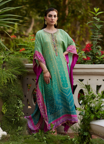 Farah Talib Aziz | Mayna Festive Prints 24 | Persia Teal Ombre Kaftan by Farah Talib Aziz - Designer Dress - Type: Ladies Clothes - Available at Sana Yasir - 100% Original