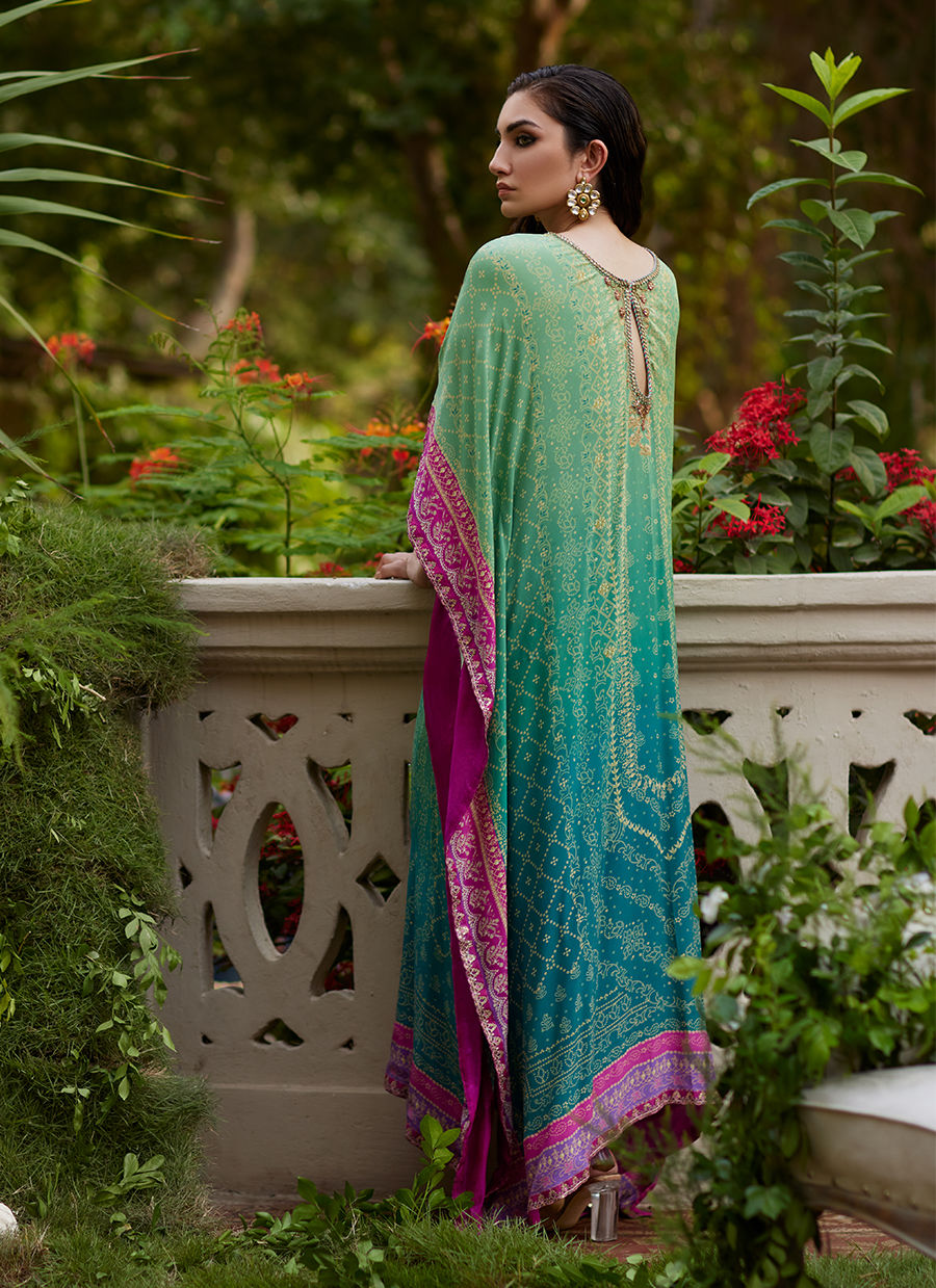 Farah Talib Aziz | Mayna Festive Prints 24 | Persia Teal Ombre Kaftan by Farah Talib Aziz - Designer Dress - Type: Ladies Clothes - Available at Sana Yasir - 100% Original
