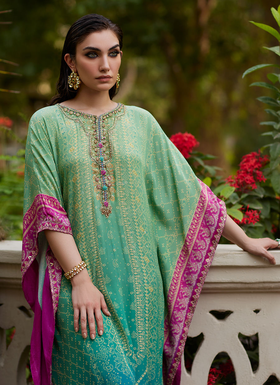 Farah Talib Aziz | Mayna Festive Prints 24 | Persia Teal Ombre Kaftan by Farah Talib Aziz - Designer Dress - Type: Ladies Clothes - Available at Sana Yasir - 100% Original