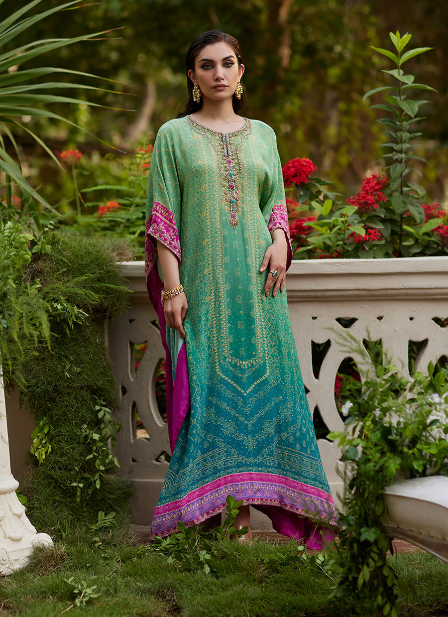 Farah Talib Aziz | Mayna Festive Prints 24 | Persia Teal Ombre Kaftan by Farah Talib Aziz - Designer Dress - Type: Ladies Clothes - Available at Sana Yasir - 100% Original