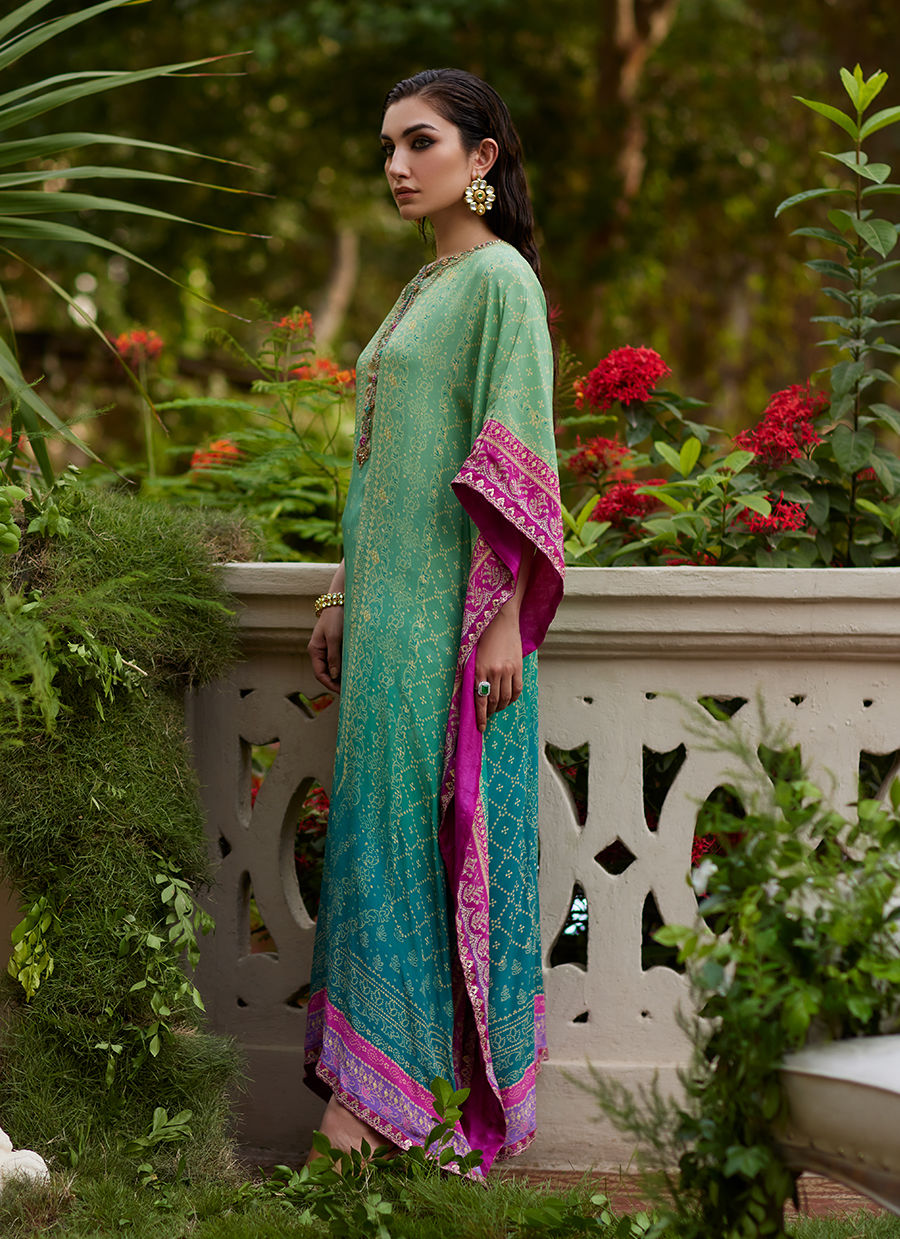 Farah Talib Aziz | Mayna Festive Prints 24 | Persia Teal Ombre Kaftan by Farah Talib Aziz - Designer Dress - Type: Ladies Clothes - Available at Sana Yasir - 100% Original