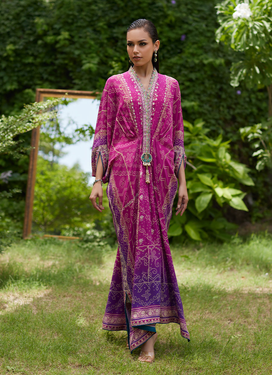 Farah Talib Aziz | Mayna Festive Prints 24 | Zahli Magenta Ombre Kaftan by Farah Talib Aziz - Designer Dress - Type: Ladies Clothes - Available at Sana Yasir - 100% Original