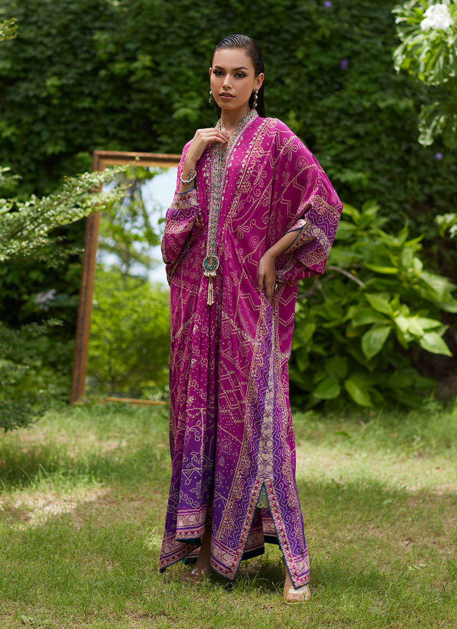Farah Talib Aziz | Mayna Festive Prints 24 | Zahli Magenta Ombre Kaftan by Farah Talib Aziz - Designer Dress - Type: Ladies Clothes - Available at Sana Yasir - 100% Original