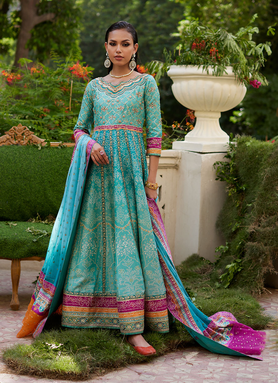 Farah Talib Aziz | Mayna Festive Prints 24 | Zaiba Turquoise Kalidaar by Farah Talib Aziz - Designer Dress - Type: Ladies Clothes - Available at Sana Yasir - 100% Original