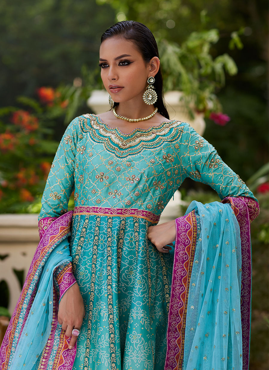 Farah Talib Aziz | Mayna Festive Prints 24 | Zaiba Turquoise Kalidaar by Farah Talib Aziz - Designer Dress - Type: Ladies Clothes - Available at Sana Yasir - 100% Original