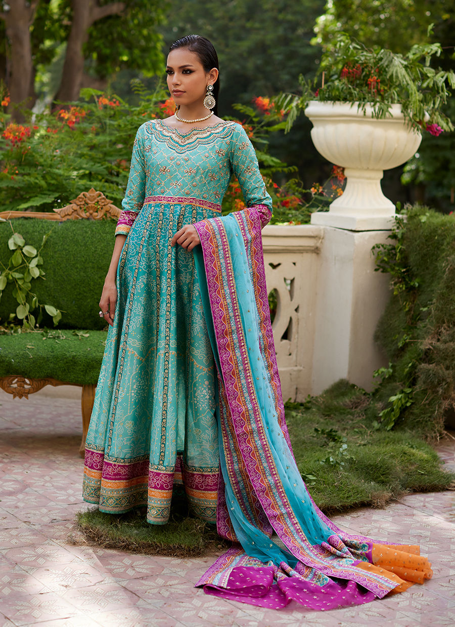 Farah Talib Aziz | Mayna Festive Prints 24 | Zaiba Turquoise Kalidaar by Farah Talib Aziz - Designer Dress - Type: Ladies Clothes - Available at Sana Yasir - 100% Original