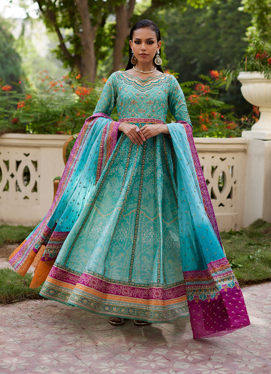 Farah Talib Aziz | Mayna Festive Prints 24 | Zaiba Turquoise Kalidaar by Farah Talib Aziz - Designer Dress - Type: Ladies Clothes - Available at Sana Yasir - 100% Original