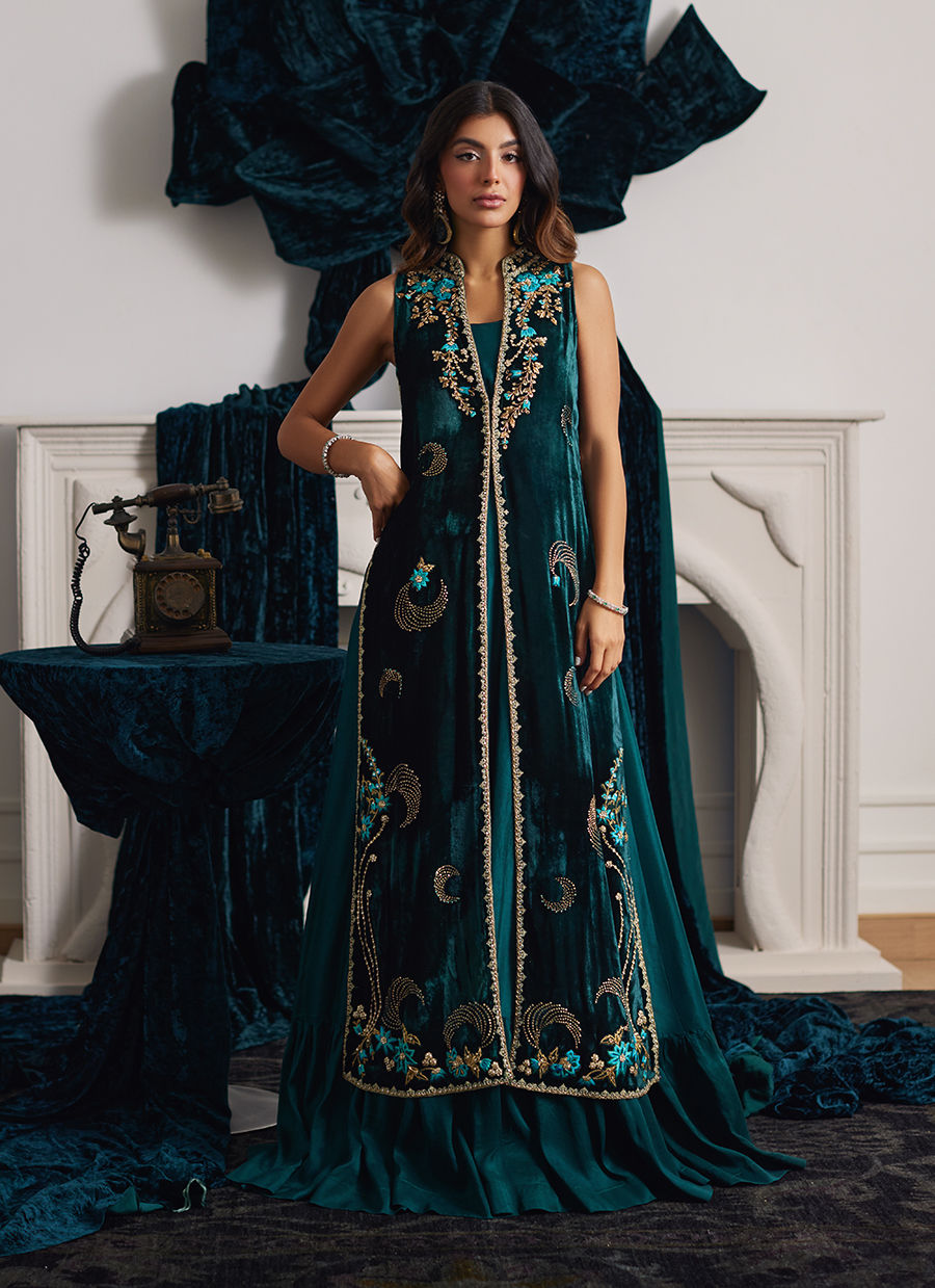 Farah Talib Aziz | Velvets The After Party | ORMAIE EMERALD SHIRT AND PANELLED DRESS JACKET by Farah Talib Aziz - Designer Dress - Type: Ladies Clothes - Available at Sana Yasir - 100% Original