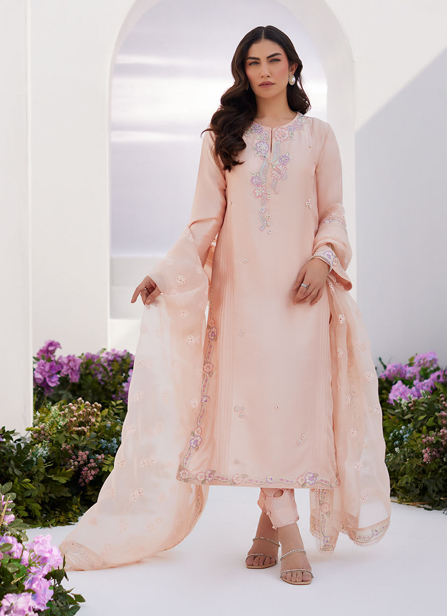 Farah Talib Aziz | Zaza Luxe Pret 24 | ELEA PEACH EMBROIDERED RAW SILK SHIRT AND DUPATTA by Farah Talib Aziz - Designer Dress - Type: Luxury - Available at Sana Yasir - 100% Original