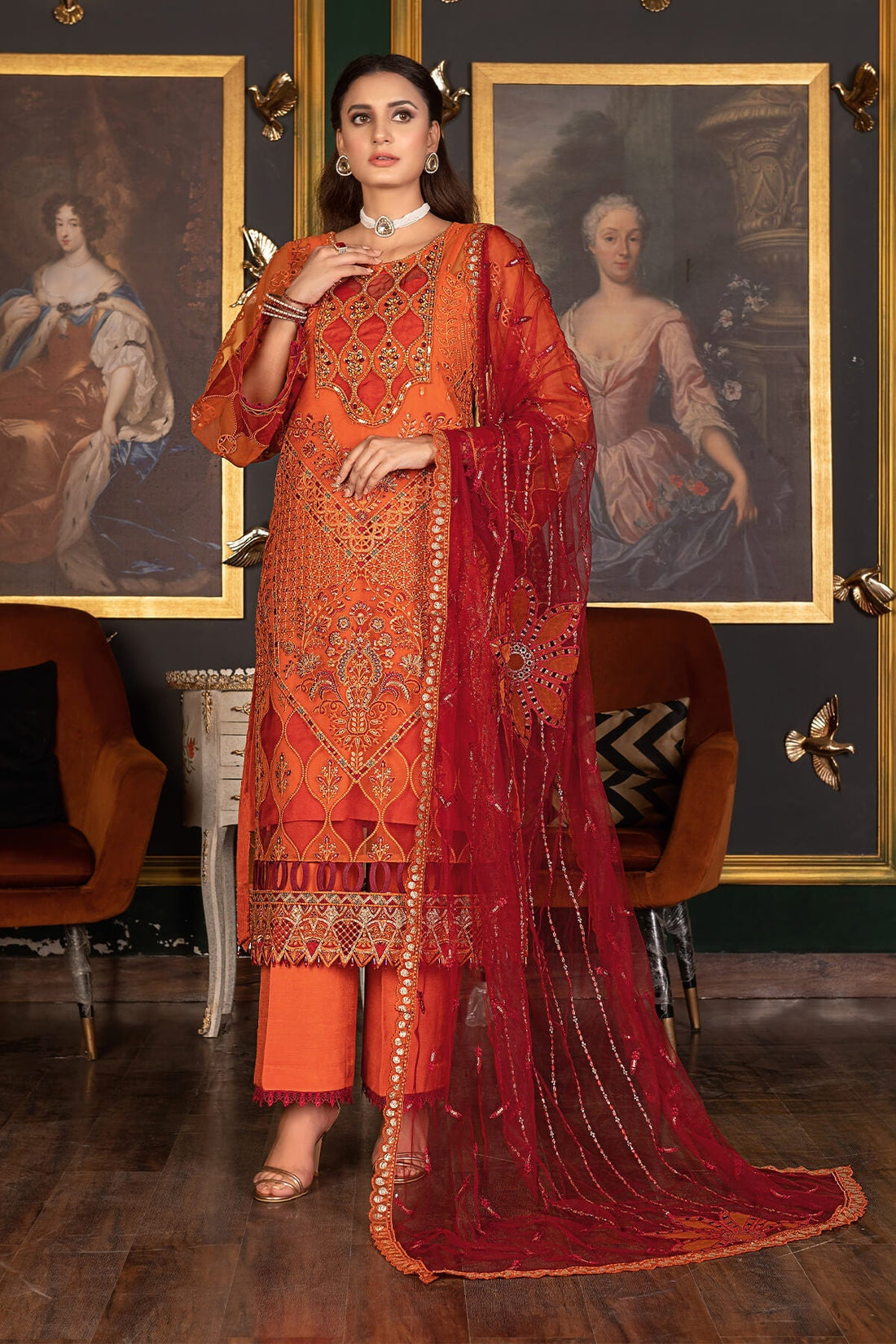 Janique | Luxury Collection 24 | D-034 International Orange by Janique - Designer Dress - Type: Ladies Clothes - Available at Sana Yasir - 100% Original