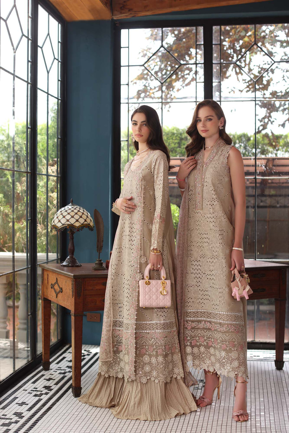 Noor by Saadia Asad | Eid Luxury Schiffli Laserkari 25 | D1- Beige by Noor by Saadia Asad - Designer Dress - Type: Ladies Clothes - Available at Sana Yasir - 100% Original