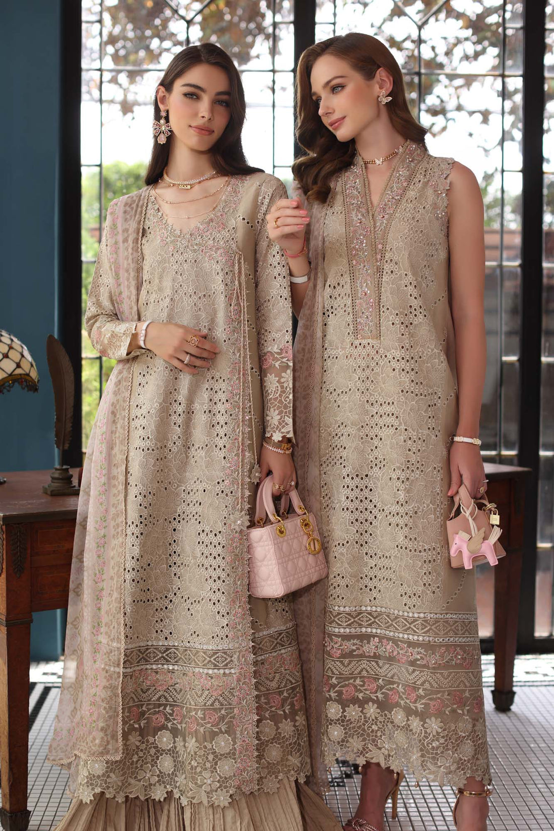 Noor by Saadia Asad | Eid Luxury Schiffli Laserkari 25 | D1- Beige by Noor by Saadia Asad - Designer Dress - Type: Ladies Clothes - Available at Sana Yasir - 100% Original