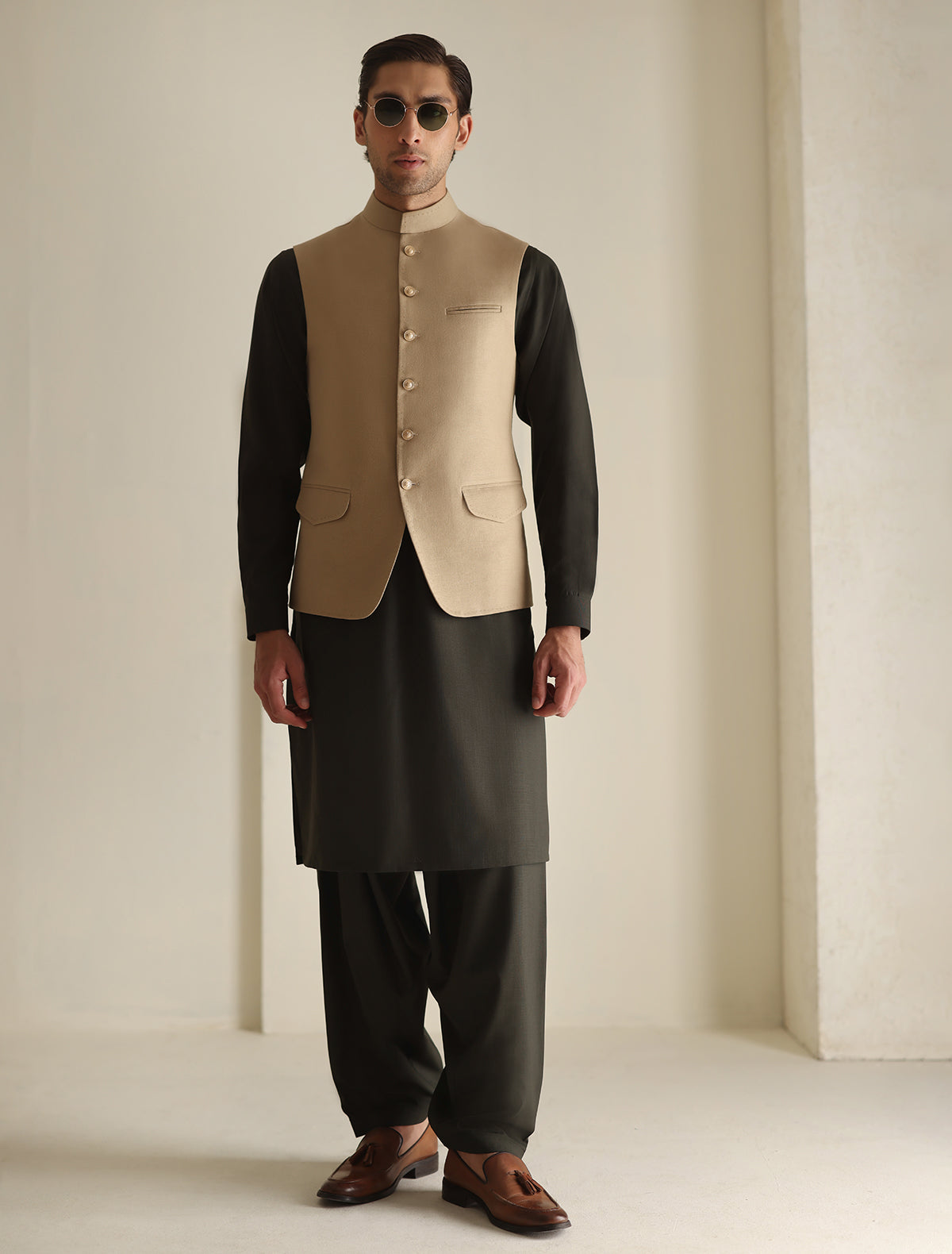 Pakistani Menswear | Ismail Farid - TRUE BEIGE WAISTCOAT by Sana Yasir Ltd. - Designer Dress - Type: MensWear - Available at Sana Yasir - 100% Original