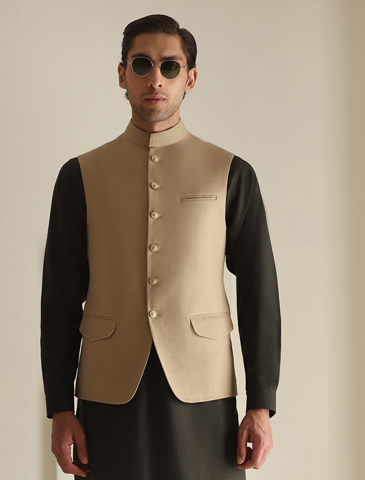 Pakistani Menswear | Ismail Farid - TRUE BEIGE WAISTCOAT by Sana Yasir Ltd. - Designer Dress - Type: MensWear - Available at Sana Yasir - 100% Original