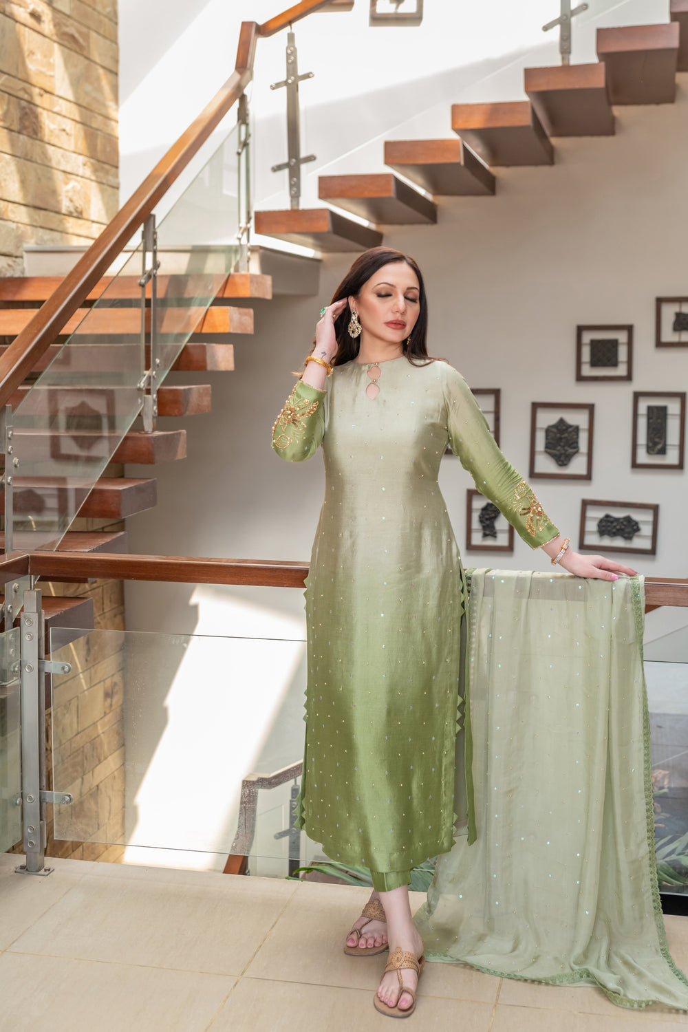 Wahaj M Khan | The Print Story | Sage Green Shaded Outfit by Wahaj M Khan - Designer Dress - Type: Ladies Clothes - Available at Sana Yasir - 100% Original