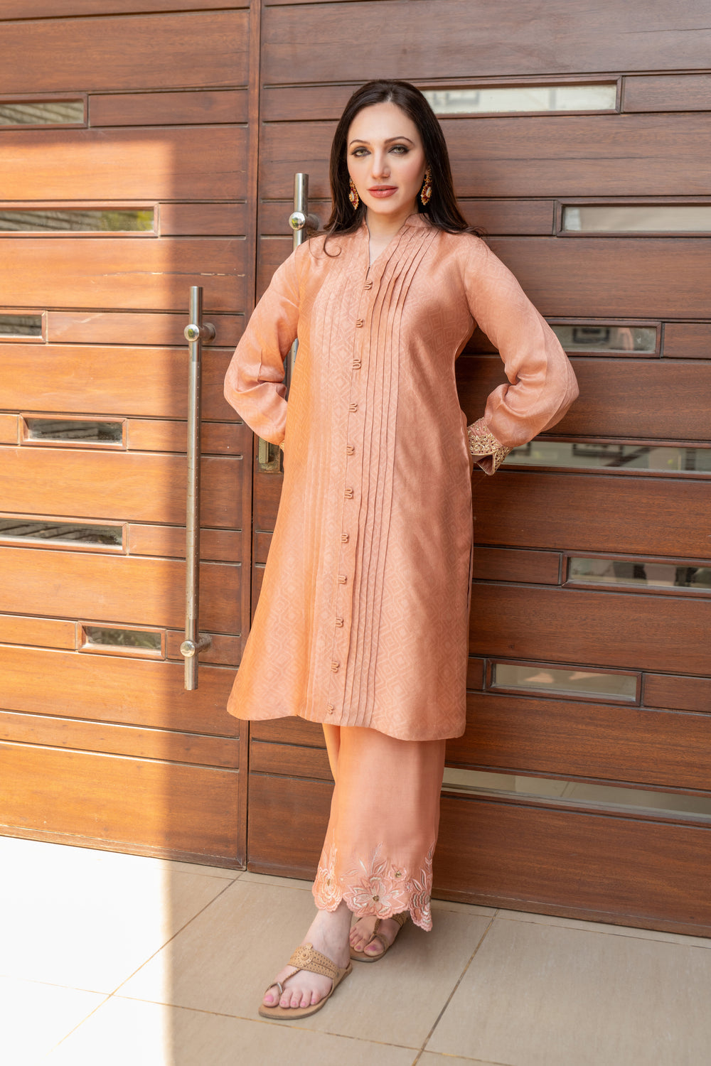 Wahaj M Khan | The Print Story | Salmon Peach Sheesha Outfit by Wahaj M Khan - Designer Dress - Type: Ladies Clothes - Available at Sana Yasir - 100% Original