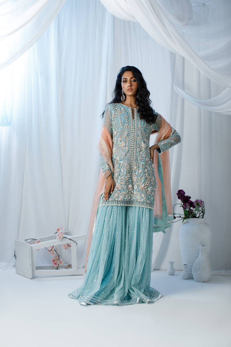 Wahaj M Khan | Zohra Drop 2 Formals | Ferozi & Peach Gharara Set by Wahaj M.Khan - Designer Dress - Type: Ladies Clothes - Available at Sana Yasir - 100% Original