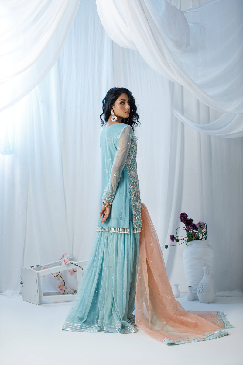 Wahaj M Khan | Zohra Drop 2 Formals | Ferozi & Peach Gharara Set by Wahaj M.Khan - Designer Dress - Type: Ladies Clothes - Available at Sana Yasir - 100% Original