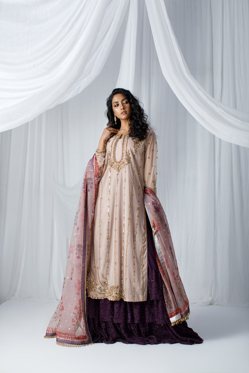 Wahaj M Khan | Zohra Drop 2 Formals | Rose Gold Nude Net Zohra Outfit by Wahaj M.Khan - Designer Dress - Type: Ladies Clothes - Available at Sana Yasir - 100% Original