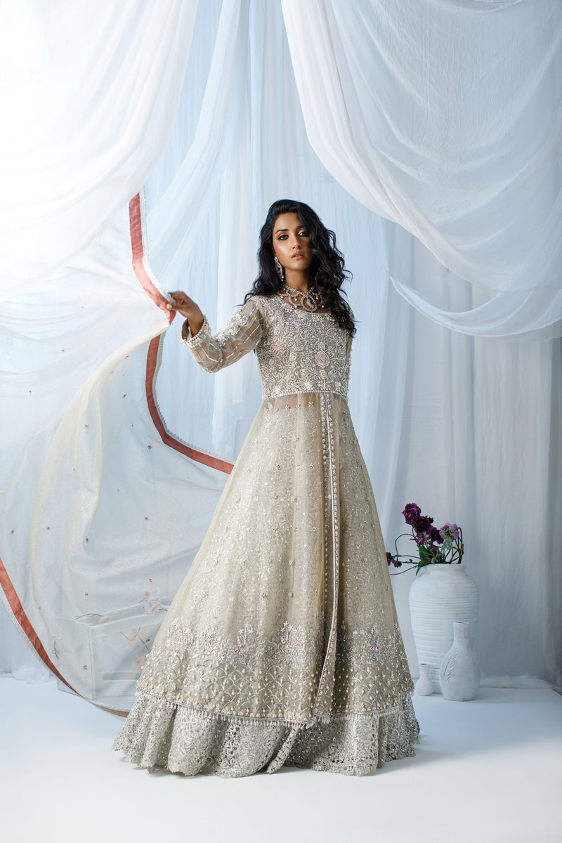 Wahaj M Khan | Zohra Drop 2 Formals | Silver Tissue Net Zohra Outfit by Wahaj M.Khan - Designer Dress - Type: Ladies Clothes - Available at Sana Yasir - 100% Original