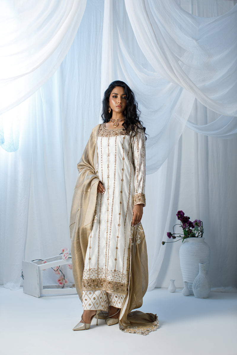 Wahaj M Khan | Zohra Drop 2 Formals | White & Gold Zohra Outfit by Wahaj M.Khan - Designer Dress - Type: Ladies Clothes - Available at Sana Yasir - 100% Original