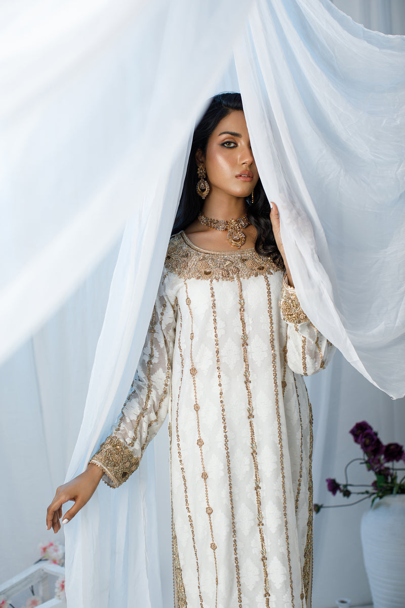 Wahaj M Khan | Zohra Drop 2 Formals | White & Gold Zohra Outfit by Wahaj M.Khan - Designer Dress - Type: Ladies Clothes - Available at Sana Yasir - 100% Original