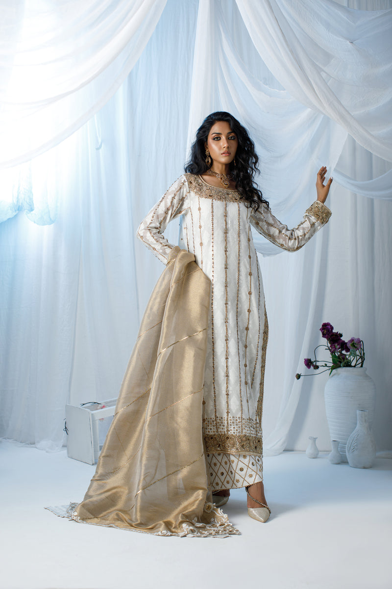 Wahaj M Khan | Zohra Drop 2 Formals | White & Gold Zohra Outfit by Wahaj M.Khan - Designer Dress - Type: Ladies Clothes - Available at Sana Yasir - 100% Original