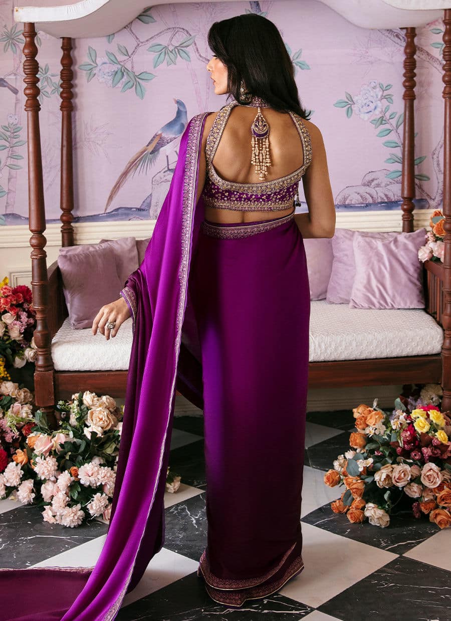 Farah Talib Aziz | Mayna Festive Luxe | AIGUL AUBERGINE SAREE by Farah Talib Aziz - Designer Dress - Type: Bridal - Available at Sana Yasir - 100% Original